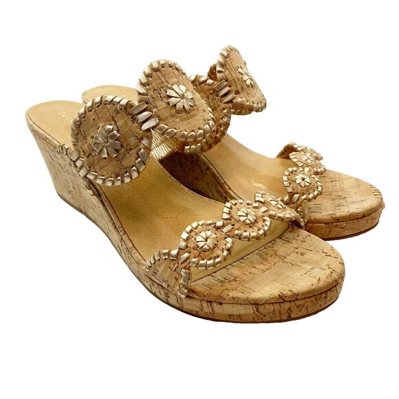 Jack Rogers Shoes - Jack Rogers Wedge Heels Women's 10 Tan Cork Sandals Gold Metallic Open Toe Slide